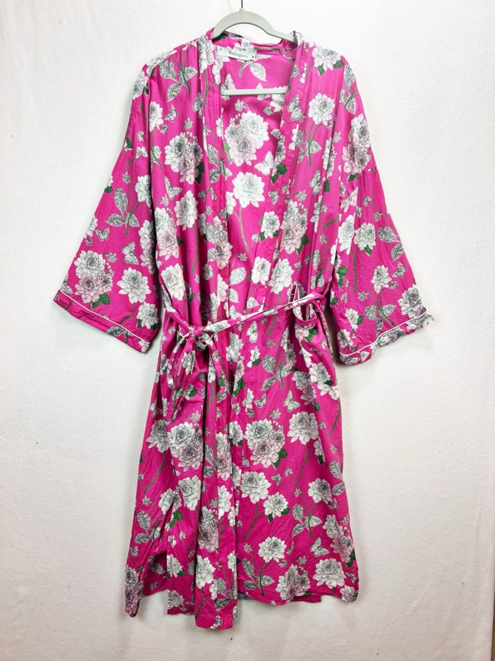 Mahogany Kimono Robe Pink Floral Printed Lightweight Size M Cotton Calf Length